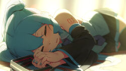 Rule 34 | 1girl, abmayo, absurdres, bare shoulders, black skirt, black thighhighs, blurry, blurry background, closed eyes, collared shirt, commentary, detached sleeves, english commentary, green hair, green nails, green necktie, grey shirt, hair ornament, hair tie, hatsune miku, highres, light, long hair, lying, miniskirt, mixed-language commentary, nail polish, necktie, number tattoo, on side, open mouth, shirt, shoulder tattoo, skirt, sleeping, solo, sunlight, tattoo, thighhighs, tie clip, twintails, unworn hair ornament, very long hair, vocaloid