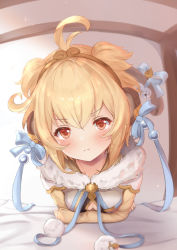 Rule 34 | 1girl, absurdres, ahoge, andira (granblue fantasy), animal ears, blonde hair, blue ribbon, blush, breasts, cleavage, cleavage cutout, closed eyes, clothing cutout, erune, granblue fantasy, hair ribbon, hairband, highres, indoors, kimblee, looking at viewer, monkey ears, monkey tail, pout, red eyes, ribbon, short hair, small breasts, solo, tail, two side up