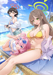 Rule 34 | 3girls, ;p, absurdres, adjusting eyewear, ahoge, ayane (blue archive), ayane (swimsuit) (blue archive), beach, beach chair, beach umbrella, bikini, black hair, blue-tinted eyewear, blue archive, blue eyes, breasts, brown eyes, cleavage, denim, denim shorts, eyewear on head, flower, frilled bikini, frills, green eyes, hair bobbles, hair flower, hair ornament, halo, hand on eyewear, highres, holding, holding removed eyewear, hoshino (blue archive), hoshino (swimsuit) (blue archive), jacket, jjjsss, lap pillow, large breasts, light brown hair, long hair, looking at another, low twintails, lying, multiple girls, navel, nonomi (blue archive), nonomi (swimsuit) (blue archive), ocean, off shoulder, official alternate costume, on side, one eye closed, outdoors, pink hair, pointy ears, red-framed eyewear, shoes, short hair, short shorts, shorts, side-tie bikini bottom, sideboob, sitting, small breasts, standing, stomach, striped bikini, striped clothes, swimsuit, tinted eyewear, tongue, tongue out, twintails, umbrella, underboob, unworn eyewear, unworn shoes, white bikini, white footwear, white jacket, yellow bikini