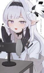 Rule 34 | 1girl, asmr, azuki (az my), binaural microphone, black gloves, black hairband, blue archive, blush, flower, gloves, grey hair, hair flower, hair ornament, hairband, halo, heart, highres, himari (blue archive), long hair, long sleeves, looking at viewer, microphone, mole, mole under eye, open mouth, pointy ears, purple eyes, simple background, solo, translation request, upper body, very long hair, white background, white flower