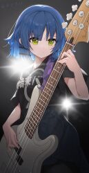 Rule 34 | 1girl, absurdres, backlighting, bass guitar, black shirt, blue hair, blue skirt, bocchi the rock!, closed mouth, commentary request, copyright name, cowboy shot, electric guitar, green eyes, guitar, hand up, highres, holding, holding instrument, instrument, kessoku band t-shirt, looking at object, mole, mole under eye, music, playing instrument, pleated skirt, sentter, shirt, shirt tucked in, short hair, short sleeves, skirt, solo, standing, yamada ryo