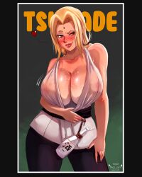 Rule 34 | 1girl, absurdres, alcohol, artist name, blonde hair, blush, border, breasts, character name, cleavage, clothes pull, dated, heart, highres, huge breasts, long hair, looking at viewer, mai arti, naruto (series), sake, see-through, see-through shirt, shirt pull, solo, sweat, tsunade (naruto)