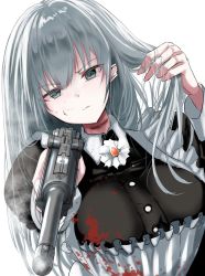Rule 34 | &gt;:(, 1girl, apron, blood, blood on clothes, blood on face, bloodshot eyes, blue eyes, breasts, check commentary, commentary request, cuts, disdain, gun, tucking hair, handgun, head tilt, highres, holding, holding gun, holding weapon, injury, long hair, long sleeves, looking at viewer, luger p08, maid, maid apron, notched ear, original, pointy ears, scowl, silver hair, simple background, smoke, smoking barrel, solo, stitches, take (trude1945oneetyan), v-shaped eyebrows, weapon, white background