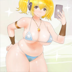 Rule 34 | 1girl, bikini, blonde hair, blush, breasts, cellphone, crazydiamondhill, fingernails, headphones, huge breasts, lips, long fingernails, nail polish, nitroplus, phone, pink crown (pinkcrownpink), plump, red eyes, selfie, skindentation, smartphone, smile, solo, super pochaco, swimsuit, thick thighs, thighs, twintails, wide hips, yellow nails