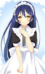 Rule 34 | 10s, 1girl, alternate costume, blue hair, blush, copyright name, dated, enmaided, highres, long hair, looking at viewer, love live!, love live! school idol festival, love live! school idol project, maid, maid headdress, smile, solo, sonoda umi, wara (warapro)