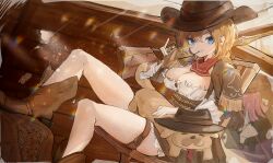 Rule 34 | 2girls, absurdres, blonde hair, blue eyes, boots, breasts, bubba (watson amelia), cleavage, cowboy, cowboy hat, death-sensei (mori calliope), dog, gun, hat, highres, hololive, hololive english, looking at viewer, matches, medium breasts, medium hair, mori calliope, mori calliope (sheriff), multiple girls, nereb 72, pink hair, reflection, rifle, sitting, solo focus, thigh strap, thighs, virtual youtuber, watson amelia, weapon, western