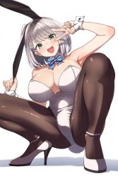 Rule 34 | 1girl, absurdres, animal ears, bare shoulders, black pantyhose, blue ribbon, braid, breasts, detached collar, detached sleeves, fake animal ears, fake tail, fishnet pantyhose, fishnets, green eyes, grey hair, high heels, highres, hololive, large breasts, leotard, looking at viewer, open mouth, pantyhose, playboy bunny, rabbit ears, rabbit tail, ribbon, shinomu (cinomoon), shirogane noel, side braid, smile, solo, squatting, tail, teeth, upper teeth only, v, virtual youtuber, white footwear, white leotard