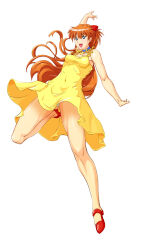 Rule 34 | 1girl, bare legs, bare shoulders, blue eyes, covered navel, dress, full body, hair ornament, interface headset, jeibii, jumping, long hair, looking to the side, neon genesis evangelion, orange hair, shiny skin, simple background, skirt, solo, souryuu asuka langley, sundress, very long hair, white background, wide hips, yellow dress