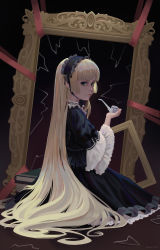 Rule 34 | 1girl, absurdres, black background, black dress, black hairband, blonde hair, blunt bangs, book, broken mirror, closed mouth, dark, dress, expressionless, frilled sleeves, frills, gosick, gothic lolita, gradient background, hairband, highres, lolita fashion, lolita hairband, long hair, mirror, red ribbon, ribbon, simple background, sitting, smoking pipe, solo, turning head, very long hair, victorica de blois, waystrix, wide sleeves