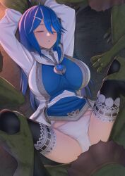 Rule 34 | arms up, black thighhighs, blue hair, breasts, brooch, closed eyes, colored skin, goblin, goblin male, green skin, hair ornament, hairpin, highres, idola phantasy star saga, jewelry, large breasts, leg grab, long hair, long sleeves, lying, on back, open mouth, original, phantasy star online 2, restrained, robe, spread legs, taji (crowview), thighhighs, unconscious, white robe