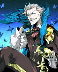 Rule 34 | 1boy, ascot, black gloves, blue eyes, bug, butterfly, cane, cape, crossed legs, facial hair, fate/grand order, fate (series), gloves, grey hair, grin, insect, james moriarty (archer) (fate), male focus, mustache, one eye closed, panda=hiro, smile, vest