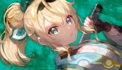Rule 34 | 1girl, anywhere knock, artist name, blonde hair, breasts, brown gloves, chest sarashi, cleavage, commentary request, dutch angle, fingerless gloves, gloves, green background, green eyes, hair ribbon, haori, highres, holding, holding sword, holding weapon, hololive, japanese clothes, kazama iroha, looking at viewer, over shoulder, ponytail, ribbon, sarashi, solo, sword, v-shaped eyebrows, virtual youtuber, weapon, weapon over shoulder