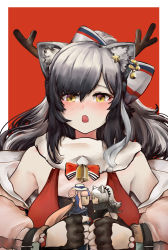 Rule 34 | 1girl, absurdres, antlers, arknights, bare shoulders, bell, black gloves, blue feathers, blush, bow, breasts, ceylon (arknights), character doll, commentary, doll, fake antlers, feather hair, feathers, fingerless gloves, gloves, grey bow, hair bow, hair ornament, highres, holding, holding doll, horns, large breasts, long hair, looking at viewer, off shoulder, official alternate costume, open mouth, red background, scarf, schwarz (arknights), schwarz (presents) (arknights), silver hair, simple background, solo, star (symbol), star hair ornament, upper body, vyragami, white scarf, yellow eyes