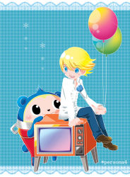 Rule 34 | 2boys, balloon, blonde hair, blue eyes, blue flower, blue rose, brown footwear, copyright name, denim, dual persona, eye contact, flower, hitsuji (sirokuro), holding, jeans, kuma (persona 4), long sleeves, looking at another, multiple boys, open mouth, pants, persona, persona 4, rose, shoes, simple background, sitting, smile, television, zipper