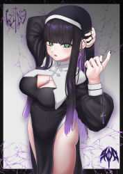 Rule 34 | 1girl, absurdres, ass, black hair, black nails, blunt bangs, blush, breasts, cleavage, ear piercing, earrings, green eyes, highres, jewelry, large breasts, long hair, looking at viewer, multicolored hair, nail polish, necklace, nun, open mouth, original, piercing, purple hair, ring, shiyo (shiy0 ), solo, two-tone hair, veil