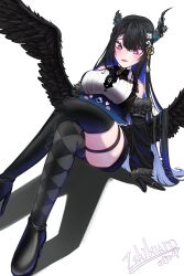 Rule 34 | 1girl, absurdres, akaikurokuro777, alternate eye color, argyle, argyle clothes, argyle legwear, asymmetrical legwear, bird, black feathers, black hair, black horns, black thighhighs, black wings, blue hair, blush stickers, breast rest, breasts, breasts on head, colored inner hair, crossed legs, feathers, foot out of frame, fur-trimmed sleeves, fur trim, hair ornament, heart, heart-shaped eyes, high heels, highres, hololive, hololive english, horns, jailbird (nerissa ravencroft), large breasts, looking down, mismatched legwear, mole, mole under eye, multicolored hair, nerissa ravencroft, nerissa ravencroft (1st costume), parted lips, purple eyes, raised eyebrows, simple background, sitting, solo, tassel, tassel hair ornament, thigh strap, thighhighs, two-tone hair, virtual youtuber, white background, wings
