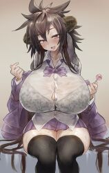 Rule 34 | 1girl, absurdres, beige background, black bra, black hair, black thighhighs, bra, breasts, brown hair, candy, curvy, demon girl, eyelashes, fang, female focus, food, goat horns, half-closed eyes, head tilt, highres, horns, huge breasts, jacket, lollipop, long hair, looking at viewer, miniskirt, naughty face, purple eyes, purple jacket, purple skirt, see-through, shiny clothes, shiny skin, shirt, sitting, skin fang, skirt, smile, solo, spiked hair, sweat, sweatblush, thick thighs, thighhighs, thighs, todakenji, underwear, very long hair, white shirt, wide hips, zettai ryouiki