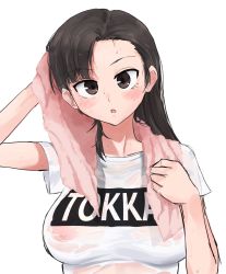Rule 34 | 1girl, :o, asymmetrical bangs, blush, breasts, brown eyes, brown hair, casual, clothes writing, covered erect nipples, girls und panzer, head tilt, highres, large breasts, long hair, looking at viewer, nipples, nishi kinuyo, print shirt, romaji text, see-through, shirt, simple background, solo, standing, sweat, t-shirt, toku (yhpv8752), towel, towel around neck, upper body, wet, wet clothes, wet shirt, white background, white shirt, wiping sweat