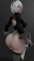 Rule 34 | 1girl, 3d, android, ass, blue eyes, breasts, cpt-flapjack, from behind, gloves, hair over one eye, hairband, highres, huge ass, large breasts, leotard, looking at viewer, nier (series), nier:automata, shiny skin, short hair, sideboob, silver hair, solo, sword, thighhighs, thong, thong leotard, weapon, 2b (nier:automata)