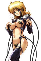 Rule 34 | 1girl, banpresto, black thighhighs, blonde hair, blush, breasts, cable, hisahiko, large breasts, lune zoldark, midriff, navel, open clothes, open shirt, shirt, simple background, solo, super robot wars, super robot wars the lord of elemental, thighhighs, underboob, white background