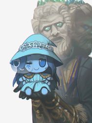 Rule 34 | absurdres, black gloves, blue skin, cape, character doll, character request, chibi, colored skin, commentary, elden ring, english commentary, extra faces, facial mark, fumo (doll), gloves, hat, highres, miniature ranni, one eye covered, porforever, ranni the witch, raya lucaria sorcerer (elden ring), simple background, smile, white background, witch hat