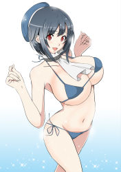 Rule 34 | 10s, 1girl, bare shoulders, bikini, black hair, blue bikini, breasts, collar, hat, highres, kantai collection, large breasts, looking at viewer, micro bikini, navel, open mouth, red eyes, sakamoto (shouten), sakamoto shouten, short hair, side-tie bikini bottom, smile, solo, swimsuit, takao (kancolle)