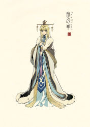 Rule 34 | adapted costume, artist name, beige background, blonde hair, blunt bangs, chinese clothes, closed mouth, coat, concept art, copyright name, fate/grand order, fate (series), full body, fur trim, hand on own chest, hanfu, highres, logo, long hair, long sleeves, looking at viewer, lord el-melloi ii case files, reines el-melloi archisorte, reines el-melloi archisorte (third ascension), ribbon, robe, sash, see-through, shawl, simple background, smile, solo, standing, tassel, wide sleeves, xiao guan (headdress), zerocastle