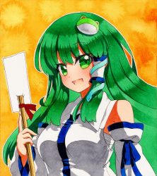 Rule 34 | 1girl, bad id, bad pixiv id, bandages, bare shoulders, blue ribbon, breasts, collar, collared shirt, detached sleeves, frog hair ornament, gohei, green eyes, green hair, hair ornament, hair tubes, hand up, kochiya sanae, long hair, long sleeves, looking at viewer, medium breasts, open mouth, qqqrinkappp, ribbon, ribbon-trimmed sleeves, ribbon trim, shikishi, shirt, simple background, smile, snake hair ornament, solo, touhou, traditional media, upper body, white shirt, white sleeves, wide sleeves, yellow background