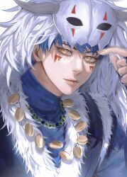 Rule 34 | 1boy, akatsuki no yona, blue hair, eyelashes, facepaint, fur trim, highres, jewelry, korean commentary, looking at viewer, male focus, mask, unworn mask, necklace, parted lips, shin-ah (akatsuki no yona), short hair, simple background, solo, soowon 01, white background, yellow eyes