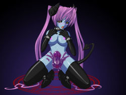 Rule 34 | 1futa, blue skin, boots, breasts, censored, collar, colored skin, corruption, demon girl, demon tail, elbow gloves, erection, futanari, gloves, horns, monster girl, nipples, orgasm, penis, pink hair, sex, slime, solo, tail, thigh boots, thighhighs, twintails, yellow eyes, yukito