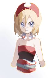 Rule 34 | 1girl, bare arms, blonde hair, blue eyes, collar, collarbone, commentary, creatures (company), game freak, hair between eyes, hat, highres, irida (pokemon), jewelry, looking at viewer, medium hair, neck ring, nino06aster, nintendo, pokemon, pokemon legends: arceus, red hat, red shirt, sash, shirt, simple background, solo, strapless, strapless shirt, upper body, white background