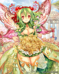 Rule 34 | 1girl, blue sky, blush, boots, bouquet, breasts, cherry blossoms, cleavage, cloud, company name, day, dress, eikou no guardian battle, fairy, fairy wings, flower, flying, green dress, green hair, hair between eyes, hair flower, hair ornament, hairband, highres, large breasts, long hair, looking at viewer, madogawa, official art, petals, red eyes, sky, smile, solo, thigh boots, thighhighs, wings