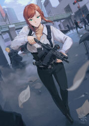 Rule 34 | 1girl, 2023, 4boys, assault rifle, belt, black belt, black footwear, black pants, blonde hair, breasts, brown hair, building, car, city, cityscape, cleavage, collared shirt, commentary, commission, english commentary, flying paper, formal, freckles, green eyes, gun, handgun, highres, hiroki ree, holding, holding gun, holding weapon, large breasts, long sleeves, motor vehicle, multiple boys, original, outdoors, pants, paper, pedestrian bridge, rifle, scope, shirt, shoes, short hair, sig mcx, solo focus, squatting, suit, traffic baton, traffic light, walking, watermark, weapon, white shirt