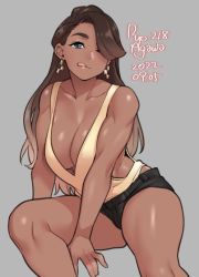Rule 34 | 1girl, :q, agawa ryou, artist name, bare shoulders, black shorts, blue eyes, breasts, brown hair, cleavage, collarbone, commentary, dark-skinned female, dark skin, dated, earrings, english commentary, gradient hair, grey background, grey shorts, hair over one eye, invisible chair, jewelry, legs, long hair, looking at viewer, multicolored hair, one eye closed, original, shirt, shorts, simple background, sitting, sleeveless, sleeveless shirt, solo, thick eyebrows, tongue, tongue out, yellow shirt