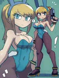 Rule 34 | !, 1girl, absurdres, adapted costume, angry, animal ears, aqua background, black footwear, blonde hair, blue eyes, blue leotard, blush, breasts, brown pantyhose, cleavage, collarbone, energy gun, fake animal ears, fake tail, gun, hand on own hip, handgun, high heels, highres, holding, holding gun, holding weapon, large breasts, leotard, long hair, looking at viewer, metroid, multiple views, nintendo, pantyhose, paralyzer, parted lips, pistol, playboy bunny, ponytail, rabbit ears, rabbit tail, ray gun, samus aran, shoes, speech bubble, spoken exclamation mark, standing, tail, teeth, thick thighs, thighs, tony welt, weapon, wide hips, wristband, zero suit