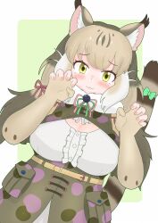 Rule 34 | 1girl, absurdres, animal ears, belt, camouflage, cat ears, cat girl, cat tail, elbow gloves, extra ears, fingerless gloves, gloves, green background, green eyes, grey hair, highres, jacket, jungle cat (kemono friends), kemono friends, kemono friends v project, long hair, looking at viewer, microphone, ribbon, shirt, simple background, skirt, solo, sun3 bears, tail, twintails, virtual youtuber