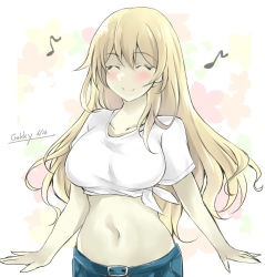 Rule 34 | 1girl, atago (kancolle), blonde hair, blue pants, breasts, commentary request, cowboy shot, denim, eighth note, gakky, jeans, kantai collection, large breasts, long hair, midriff, musical note, one-hour drawing challenge, pants, shirt, solo, standing, t-shirt, tied shirt, upper body, white shirt