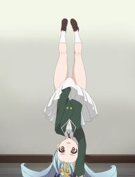 Rule 34 | 1boy, blazer, blue hair, brown footwear, buttons, commentary, dot nose, eg si, green jacket, hair ornament, handstand, highres, hoshikawa lily, indoors, jacket, legs, light blue hair, light blush, long hair, long sleeves, looking at viewer, lycoris challenge (meme), lycoris recoil, meme, one arm handstand, open mouth, shirt, shoes, skirt, skirt hold, socks, star (symbol), star hair ornament, teeth, thick eyebrows, thighs, trap, twintails, upper teeth only, wall, white background, white shirt, white skirt, white socks, wing collar, yellow eyes, zombie land saga