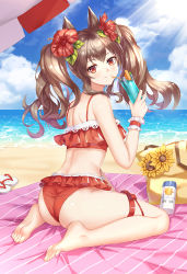 Rule 34 | 1girl, angelina (arknights), animal ears, arknights, ass, bare arms, bare shoulders, barefoot, beach, beach towel, bikini, blue sky, brown hair, chinese commentary, cloud, commentary request, cup, day, drinking straw, flower, fox ears, frilled bikini, frills, hair flower, hair ornament, hand up, head tilt, hibiscus, holding, holding cup, leaf, light rays, long hair, looking at viewer, lotion, no tail, ocean, outdoors, red bikini, red eyes, red flower, ryuu32, sandals, unworn sandals, sitting, sky, smile, solo, sunscreen, swimsuit, thigh strap, thighs, towel, twintails, wariza, water, wedgie, wrist cuffs