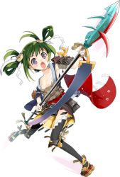 Rule 34 | &gt;:o, 1girl, :o, black thighhighs, dutch angle, full body, green hair, holding, holding polearm, holding spear, holding weapon, iwateyama (oshiro project), kamaboko red, long hair, official art, oshiro project:re, oshiro project:re, polearm, purple eyes, sleeveless, solo, spear, thighhighs, transparent background, v-shaped eyebrows, weapon