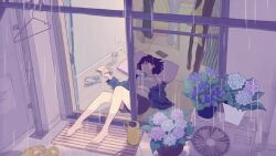 1girl animated barefoot black_hair flower on_floor original phone rain sleeping solo video