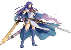 Rule 34 | 1girl, absurdres, alondite, altina (fire emblem), anniversary, armor, armpits, blue eyes, blue footwear, blue hair, boots, capelet, dress, dual wielding, fighting stance, fire emblem, fire emblem: radiant dawn, full body, gauntlets, gonzarez, highres, holding, holding sword, holding weapon, huge weapon, long hair, looking to the side, nintendo, pelvic curtain, ragnell, scarf, serious, sheath, shoulder armor, side slit, simple background, sleeveless, sleeveless dress, sword, thighhighs, turtleneck, very long hair, weapon