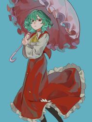 Rule 34 | 1girl, ascot, black pantyhose, blue background, breasts, daisy, day, dee (tannsumi), dress, expressionless, eyebrows hidden by hair, eyelashes, feet out of frame, flower, frills, gradient background, green hair, hair between eyes, highres, holding, holding umbrella, kazami yuuka, long sleeves, looking at viewer, medium breasts, messy hair, outdoors, pantyhose, petticoat, puffy long sleeves, puffy sleeves, red dress, red eyes, red skirt, red vest, simple background, skirt, skirt set, solo, standing, touhou, umbrella, vest, white flower, yellow ascot