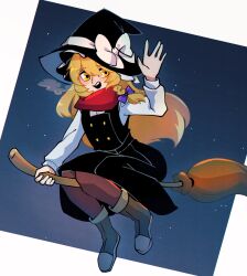 Rule 34 | 1girl, blonde hair, boots, border, bow, braid, broom, broom riding, hair bow, hand up, hat, highres, iganashi1, kirisame marisa, long hair, looking at viewer, night, night sky, outside border, red scarf, scarf, shirt, single braid, sky, solo, star (sky), starry sky, touhou, white border, white shirt, witch hat, yellow eyes