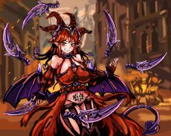 Rule 34 | 1girl, alternate costume, alternate hairstyle, belt, breasts, collar, commentary request, crotchless, demon girl, demon horns, demon tail, demon wings, dress, grin, hat, highres, horns, jester, jester cap, juggling, knife, large breasts, long hair, looking at viewer, monster girl, monster girl encyclopedia, orange hair, panties, pointy ears, pubic tattoo, red eyes, skirt, smile, solo, standing, succubus (monster girl encyclopedia), tail, tattoo, thighhighs, udetamago, underwear, weapon, wings