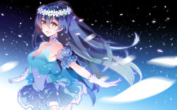 Rule 34 | 10s, 1girl, :d, blue hair, bubble skirt, choker, detached sleeves, dress, flower, flower on head, frilled skirt, frills, gloves, hair flower, hair ornament, haruse hiroki, long hair, looking at viewer, love live!, love live! school idol project, open mouth, petals, puffy detached sleeves, puffy sleeves, see-through, skirt, smile, solo, sonoda umi, very long hair, white gloves, yellow eyes, yume no tobira
