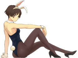 Rule 34 | 00s, 1girl, animal ears, arm support, ass, back, bare back, bare shoulders, blush, bob cut, breasts, brown eyes, brown hair, detached collar, face, fake animal ears, full body, gake no ue no ponyo, high heels, jas (littlecrime), legs, leotard, lisa (ponyo), looking at viewer, looking back, mature female, md5 mismatch, pantyhose, pinup (style), playboy bunny, rabbit ears, rabbit tail, resolution mismatch, shoes, short hair, shy, sideboob, simple background, sitting, solo, source larger, tail, white background, wrist cuffs