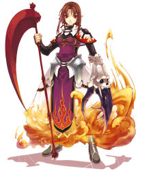 Rule 34 | 1girl, armor, armored dress, boots, brown hair, claws, dress, elf, fire, full body, gloves, hirano katsuyuki, hiro (spectral force), official art, pointy ears, red eyes, scythe, short hair, solo, spectral (series), spectral force, spectral souls, spectral vs generation, tabard, white background