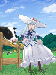 Rule 34 | 1girl, blue hair, blush, cow, day, dress, closed eyes, flower, hat, highres, kimishin, long hair, open mouth, original, outdoors, shadow, smile, solo