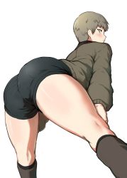 Rule 34 | 10s, 1girl, ass, bent over, black footwear, black shorts, blush, boots, brown eyes, brown hair, brown jacket, commentary request, from behind, girls und panzer, hands on own knees, jacket, knee boots, long sleeves, looking at viewer, looking back, military, military uniform, naomi (girls und panzer), no emblem, parted lips, sasaki tatsuya, saunders military uniform, short hair, shorts, solo, spread legs, standing, uniform, very short hair